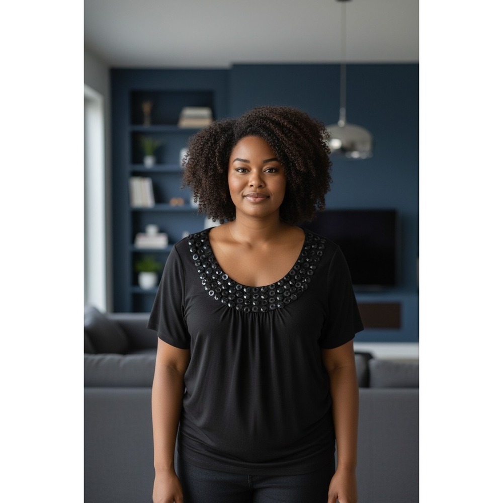 Josephine Chaus Woman Black Sequin Embellished Scoop Neck Top Plus Size 2X